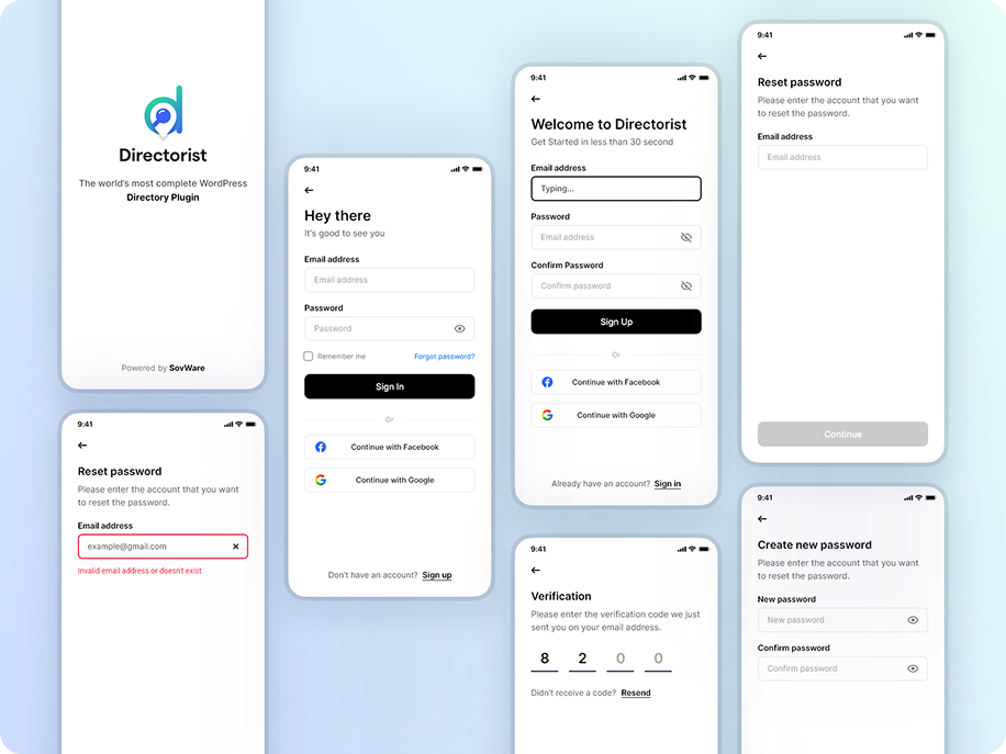 Directorist splash, sign-in, sign-up, and password recovery screens